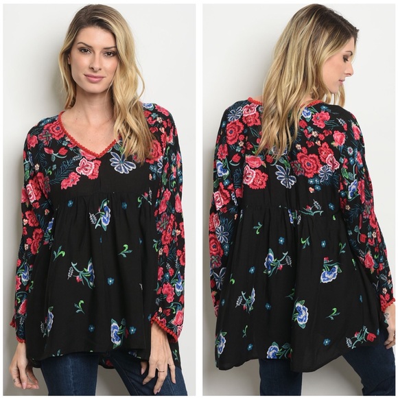 SUPER SOFT BLACK FLORAL TUNIC TOP - Picture 1 of 2
